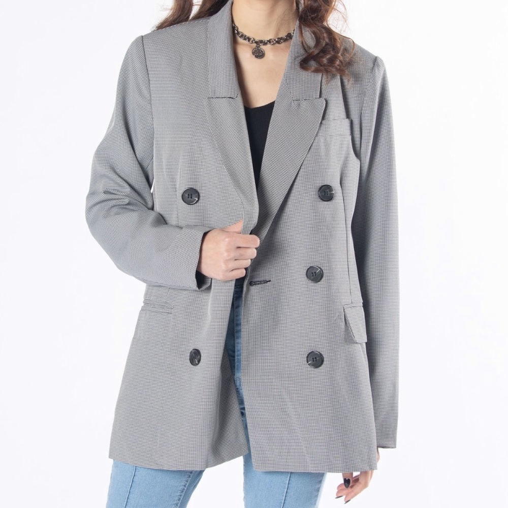 Grey Long Sleeve Open Front Button Detail Blazer